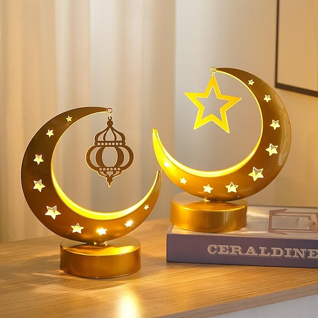  Lámpara led con forma de luna, creativa lámpara de luna de hierro, eid mubarak ramadán, funcionamiento con batería, decoración eid, luz de noche de luna y estrella