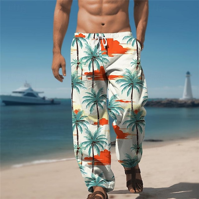  Palmeira férias resort masculino 3d impresso calças casuais calças soltas ajuste perna reta cintura elástica cordão poliéster aloha havaiano verão praia calças s a 3xl