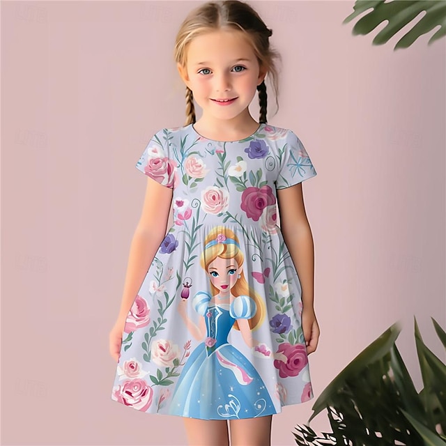  Girls' 3D Floral Princess Dress Pink Short Sleeve 3D Print Summer Daily Holiday Casual Beautiful Kids 3-12 Years Casual Dress Skater Dress Above Knee Polyester Regular Fit