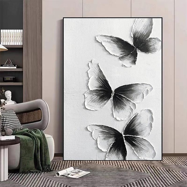  pictat alb-negru fluture pictura texturată cuțit de paletă opera de artă fluture pictură animală texturată modernă decor de perete sufragerie decor acasă cadru întins gata de agățat