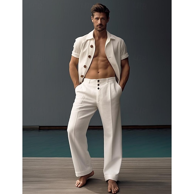 40% in Bărbați Pantaloni de in Pantaloni Pantaloni de vară Buton Buzunar Picior drept Simplu Respirabil Comfortabil Birou / Carieră Zilnic Vacanță Clasic Casual Negru Alb