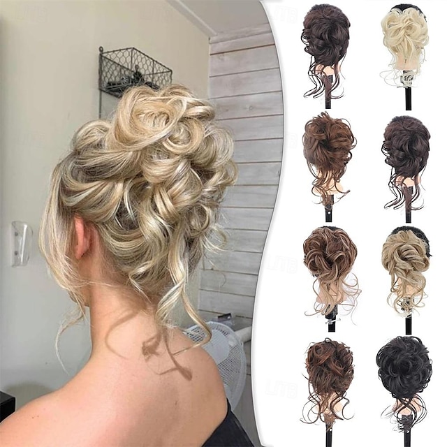  Messy Bun Hair Piece for Women with Claw Clip Hair Extensions Platinum Blonde BunCurly Wavy Hair Bun Clip in Claw Chignon Ponytail Hairpieces with Long Beard Tousled