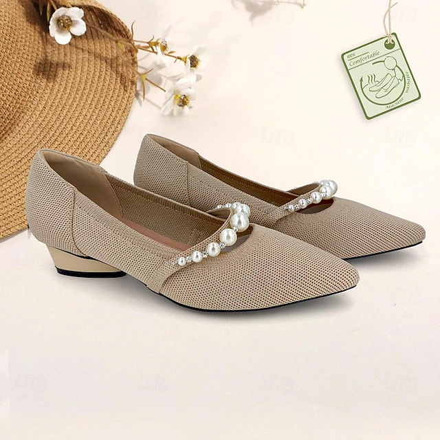 Women's Heels Plus Size Flyknit Shoes Soft Shoes Wedding Office Work Rhinestone Imitation Pearl Chunky Heel Pointed Toe Fashion Classic Comfort Walking Knit Loafer Black Red Blue 13