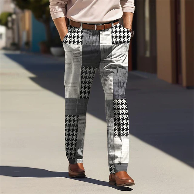 Houndstooth Business Casual Men's Business 3D Printed Dress Pants Flat Front Straight-Leg Relaxed-fit Polyester Medium Waist Pants Outdoor Street Wear to Work Daily Wear S TO 3XL 8