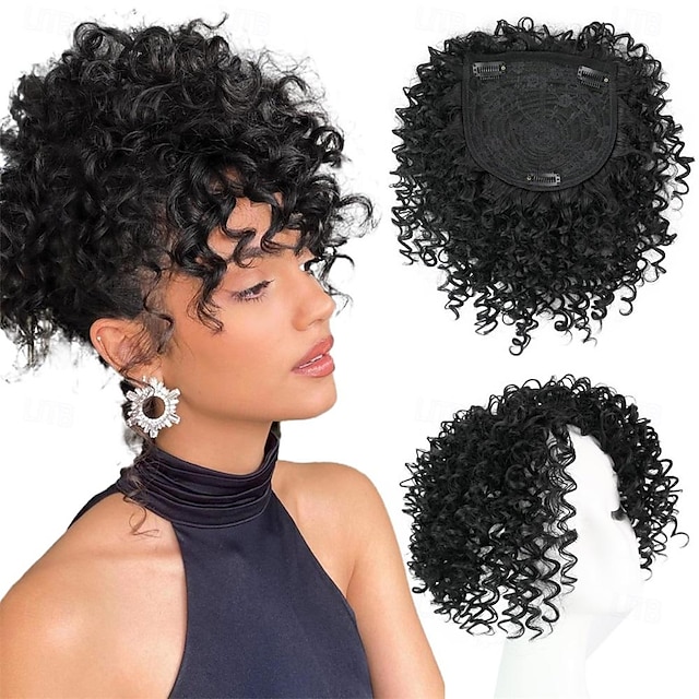  toppers de cabelo curto afro crespo e encaracolado com franja clipe preto em perucas sintéticas peças de cabelo para homens e mulheres com cabelos ralos, volume e estilo instantâneos