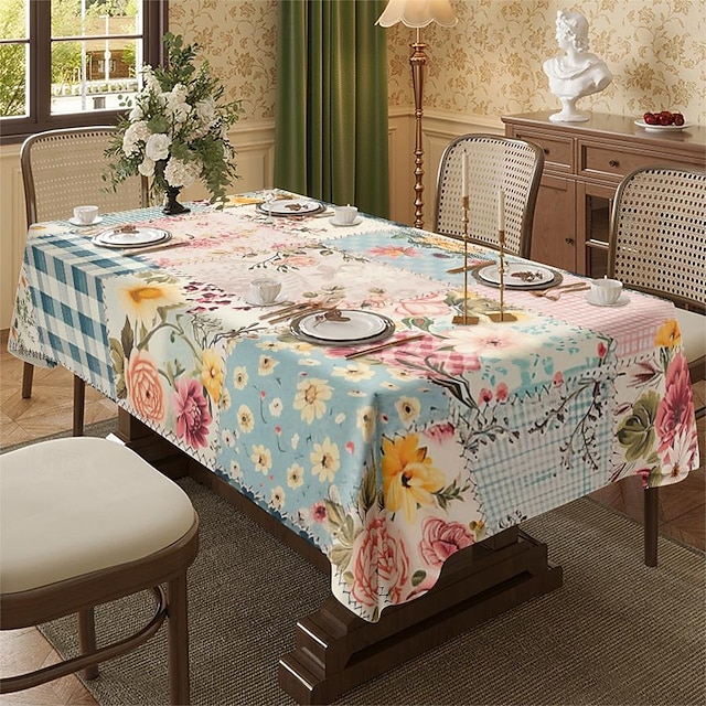  Toalha de mesa retangular com estampa floral americana rural, toalha de mesa retangular à prova d'água para cozinha e jantar
