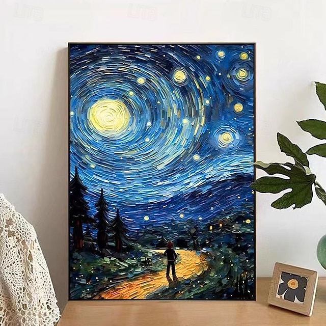  Звездная ночь ручная роспись стены искусства Ван Гог искусство ручной работы звездный ночной пейзаж винтажная картина маслом лес настенное искусство для дома без рамки