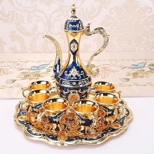  Set Vintage Metal Turkish Coffee Pot Set European Style Tea Set 6 Luxury Coffee Cups Craft Tea Tray And Teapot For Serving Tea Zamzam Coffee