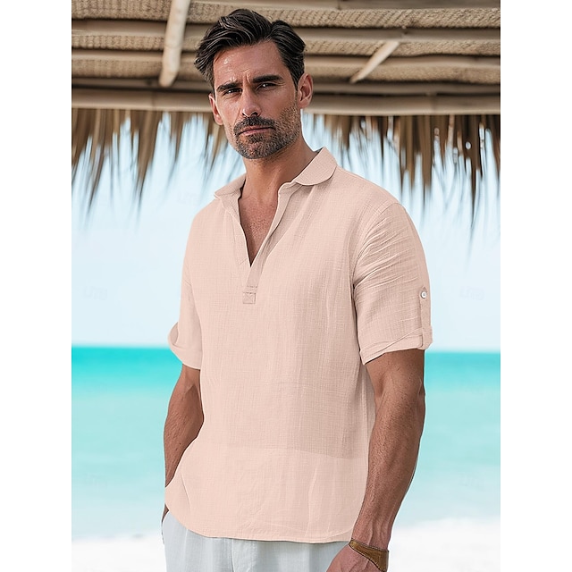 45% linnen Voor heren linnen overhemd Popover-shirt Zomer overhemd Strand hemd Wit Blozend Roze Beige Korte mouw Effen Revers Zomer Buiten Dagelijks Kleding