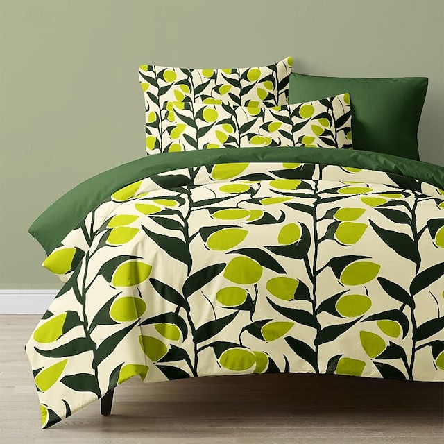  gröna blad mönster påslakan set mjuk 3-delad lyx sängkläder i bomull heminredning present tvilling full king queen size påslakan