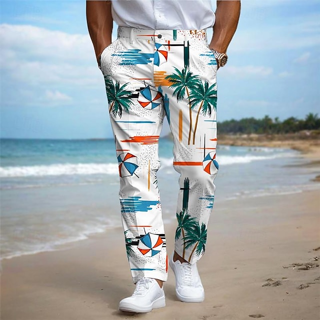  Palm Tree Vacation Resort hawaiano para hombres Pantalones de vestir con estampado 3D Frente plano Pierna recta Poliéster Pantalones de cintura media Vacaciones al aire libre Ropa diaria S a 3XL