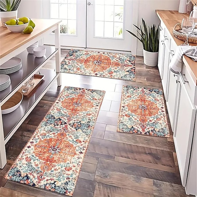  Tapis de sol de cuisine bohème vintage, tapis de sol antidérapant résistant à l'huile, tapis doux, tapis de cuisine imperméable à fleurs, tapis de sol résistant à la saleté, lavable en machine,