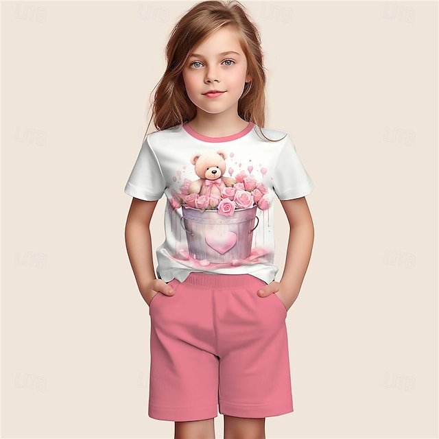  Девочки 3D Цветочный принт Медведи Пижамные комплекты футболок и шорт Розовый С короткими рукавами 3D печать Лето Активный Мода Симпатичные Стиль Полиэстер Дети 3-12 лет Вырез под горло