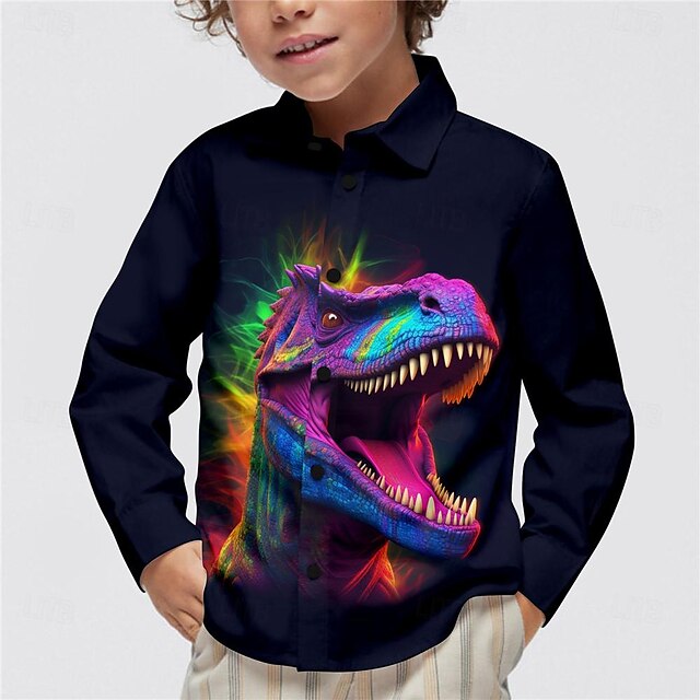  Boys 3D Dinosaur Shirts Long Sleeve 3D Print Spring Fall Sports Fashion Streetwear Polyester Kids 3-12 Years Lapel Outdoor Casual Daily Regular Fit