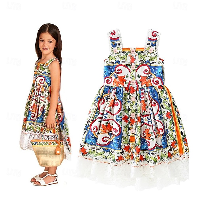  Mädchenkleider 3–10 Jahre, Kinder-Spitzen-Schlingenkleid, Blumendruck, A-Linie, Prinzessinnenkleid, Sommermode, Kleidung, Kinder-Partykleider für Mädchen