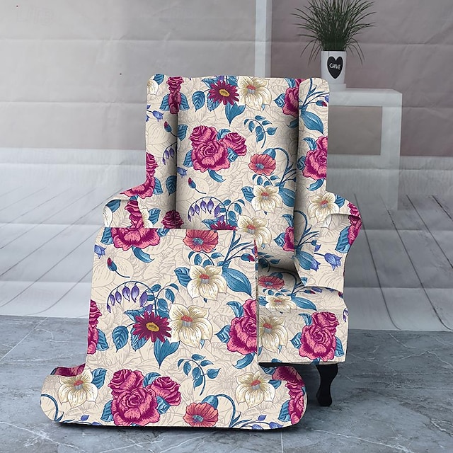  Wing Chair Slipcovers  Stretch Spandex Wingback Chair Covers 2 Pcs Set ,Sofa Slipcover Floral Printed Wingback Armchair Slipcovers Furniture Protector Couch Soft with Elastic Bottom