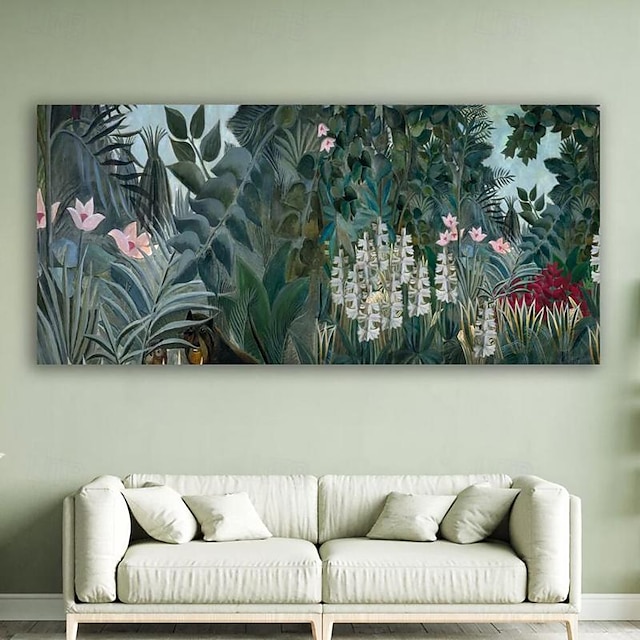  複製有名なアンリ・ルソー手描きの赤道ジャングル緑の森の風景手作り油絵ウォールアートキャンバスにモダンロールキャンバス (フレームなし)