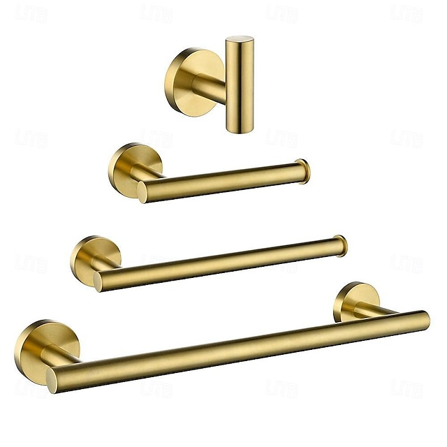  4pcs Bathroom Hardware Set Bath Accessory Kit Wall Mounted Stainless Steel18Inch Towel Bar Brushed Gold Bathroom Accessories Toilet Paper Holder Robe Clothes Hook