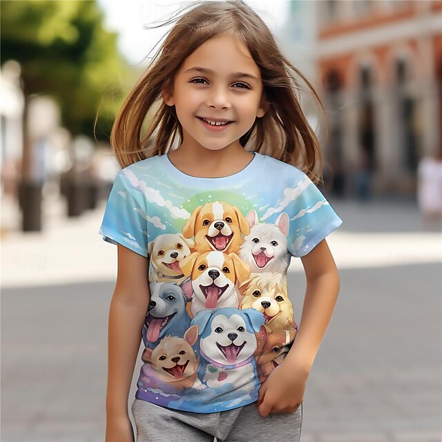 flickor 3d hundtröjor kortärmade 3d-tryck sommar aktivt mode söta polyester barn 3-12 år rund hals utomhus casual daglig normal passform