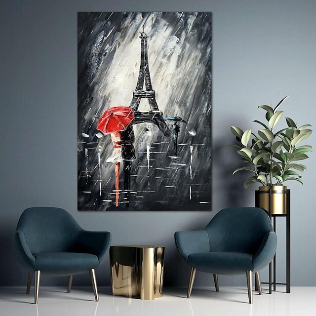  ručně malovaná pařížská romance olejomalba ruční práce pařížská pouliční scéna plátno žena s červeným deštníkem malba nástěnné umění černobílý dotek barvy eiffelova věž olejomalba francie velké