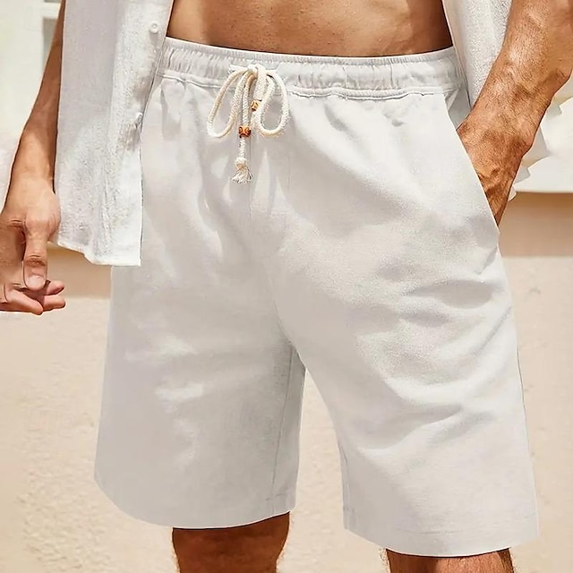  Men's Linen Shorts Summer Shorts Beach Shorts Pocket Drawstring Elastic Waist Plain Comfort Breathable Short Holiday Vacation Beach Cotton Blend Hawaiian Boho ArmyGreen White