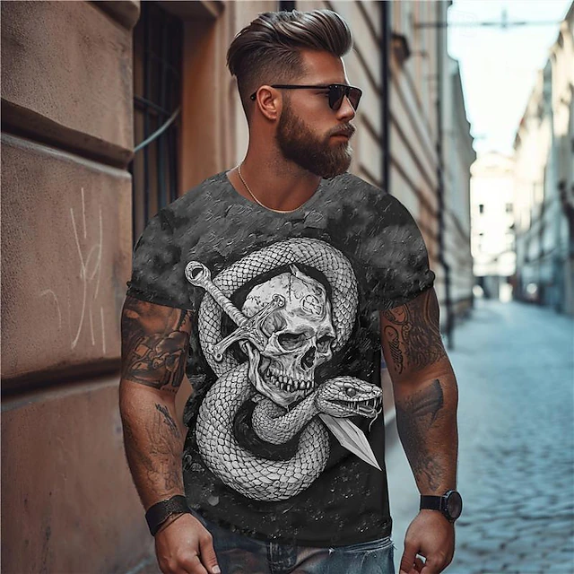 Men's Skull Snake T Shirt Short Sleeve T shirt 3D Print Crew Neck Shirt Punk Gothic Vacation Party Street Black Summer Spring Fall Clothing Apparel S M L XL 2XL 3XL 7