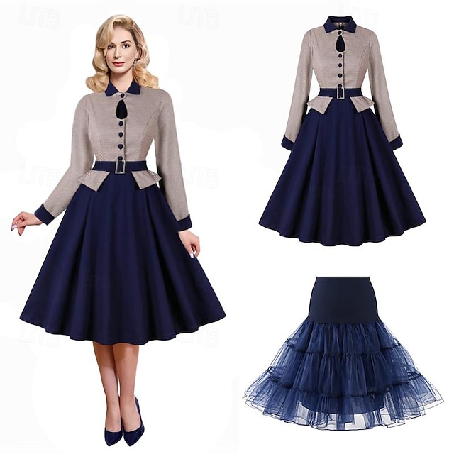  50s Swing Dress With Petticoat Tutu Under Skirt Hollow Out Buttons Long Sleeve Peplum Cotton Dresses Houndstooth Midi Spring Fall Dress Rockbility Women's 2 PCS Outfits Daily Wear Tea Vintage Party