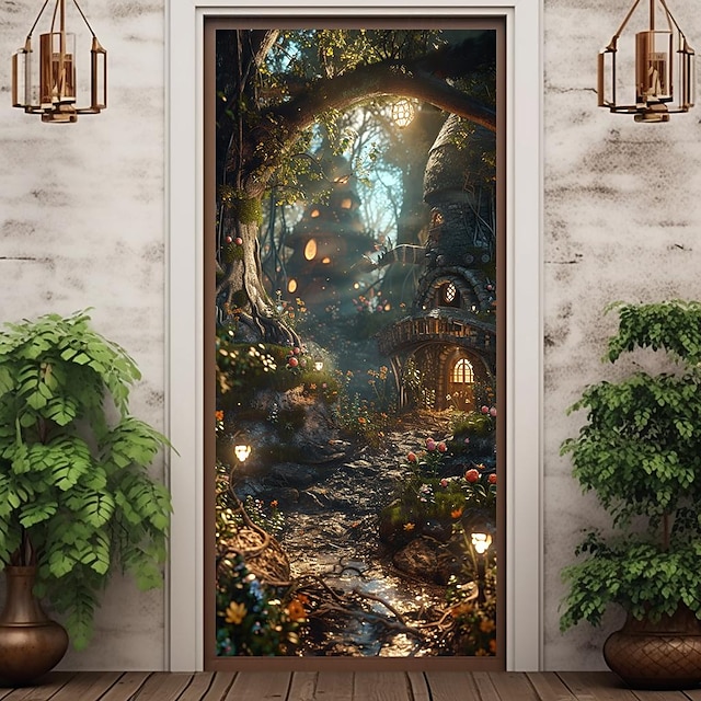  лес туманная пещера дверные покрытия фреска декор дверной гобелен дверной занавес украшение фон дверной баннер съемный для входной двери в помещении на открытом воздухе украшение для дома комнаты