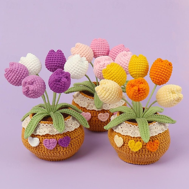  Bouquet di piante in vaso di mughetto fatto a mano all'uncinetto, fiori artificiali per sempre lavorati a maglia con vaso squisito, regalo per amici donne bambini, perfetto per decorazioni domestiche,