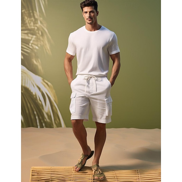  リネン 40% 男性用 ショーツ リネンショーツ サマーショーツ ドローストリング 弾性ウエスト マルチポケット 平織り 高通気性 快適 ショート 日常 バケーション お出かけ クラシック カジュアル ブラック ホワイト