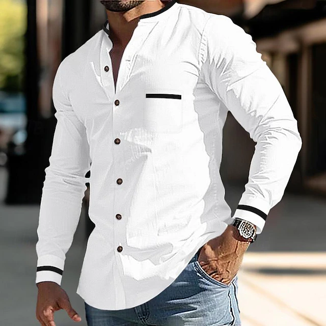 Men's Shirt Band Collar Shirt Summer Shirt Dress Shirt Button Up Shirt White Dark Blue Gray Light Blue Long Sleeve Color Block Stand Collar Daily Vacation Front Pocket Clothing Apparel Cotton Cotton 5