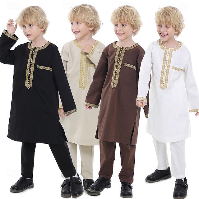  Αραβικά παιδικά και νεανικά σετ λαϊκών ρούχων, μουσουλμανικά μακρυμάνικα μπλουζάκια και παντελόνια, ethnic thobe, καλοκαίρι, ραμαζάνι, thawb