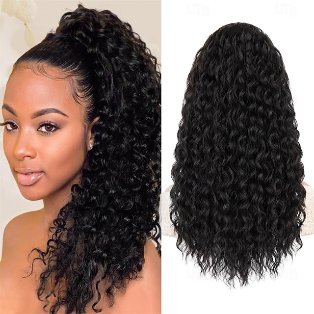  Ponytail ExtensionCurly Drawstring Ponytail Extension for Black Women Synthetic Clip in Ponytail Extension Black Long Curly Wavy 20 Inch Fake Ponytail Hairpieces for Daily Use