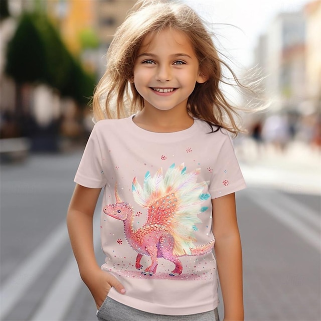 κοριτσίστικα μπλουζάκια 3d δεινοσαύρων ροζ κοντό μανίκι 3d print καλοκαιρινή ενεργή μόδα χαριτωμένα πολυεστερικά παιδιά 3-12 ετών με λαιμόκοψη σε εξωτερικό χώρο casual καθημερινή κανονική εφαρμογή