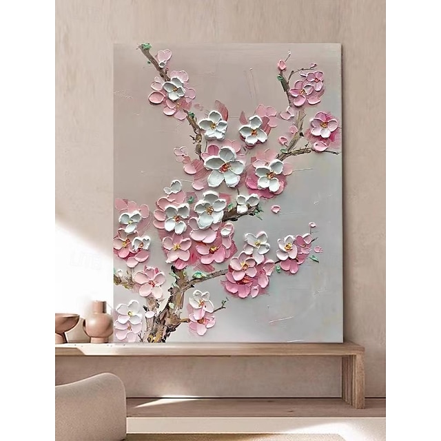  pintura a óleo floral rosa pintada à mão grande textura de flor de cerejeira branca arte de parede textura de faca 3d pintura a óleo artesanal decoração de primavera decoração de casa moldura esticada