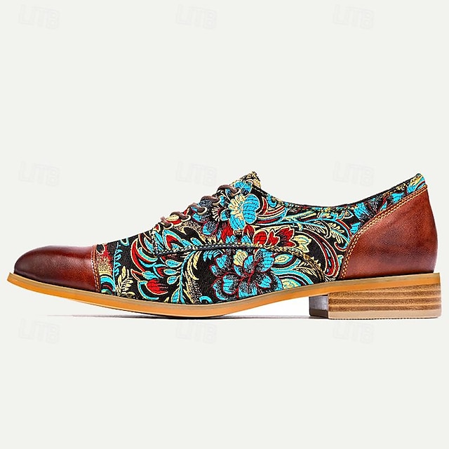  Men's Dress Shoes Red Brown Floral Embroidery  Leather Italian Full-Grain Cowhide Oxfords Slip Resistant Lace-up