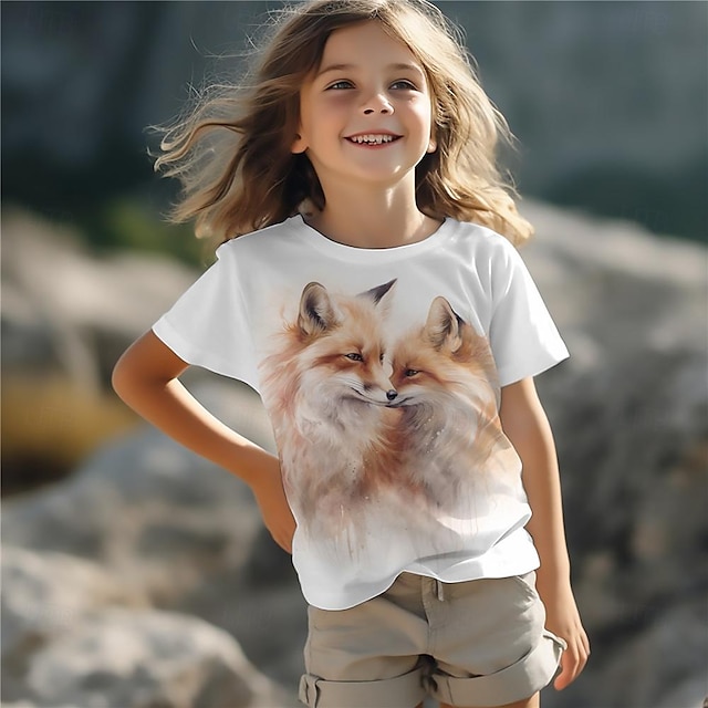  κοριτσίστικα μπλουζάκια 3d fox με κοντό μανίκι 3d print καλοκαιρινή ενεργή μόδα χαριτωμένα πολυεστερικά παιδιά 3-12 ετών με λαιμόκοψη σε εξωτερικούς χώρους casual καθημερινή κανονική εφαρμογή
