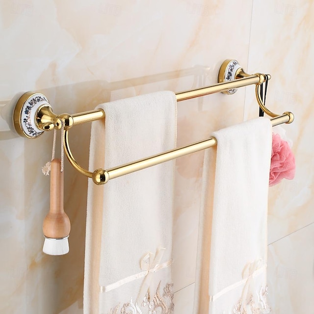 Porte-serviettes doré à 2 niveaux, porte-serviettes mural en céramique doré pour salle de bain, support en tour
