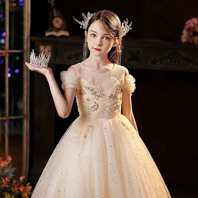  Kids Girls' Party Dress Solid Color Short Sleeve Performance Wedding Mesh Princess Sweet Mesh Mid-Calf Sheath Dress Tulle Dress Flower Girl's Dress Summer Spring Fall 2-12 Years Champagne