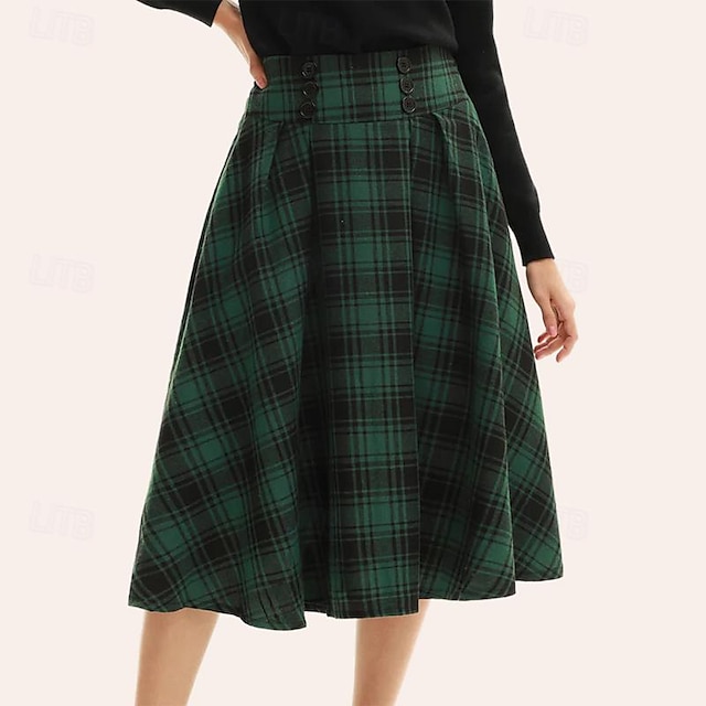  elastisk midja plädad kjol 1950-tal retro vintage hög midja knappar dekorerade utsvängda a-linje kjol tefest avslappnad dagligen