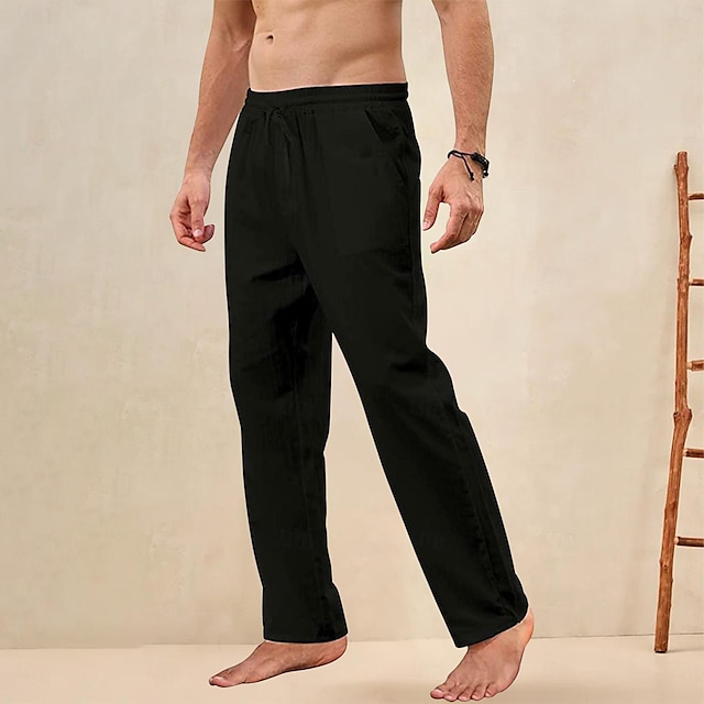  Bărbați Pantaloni de in Pantaloni Pantaloni de vară Pantaloni de plajă Buzunar Cordon Picior drept Simplu Respirabil Απαλό Lungime totală Casă Casual In Modă Clasic Potrivire Largă Negru Alb
