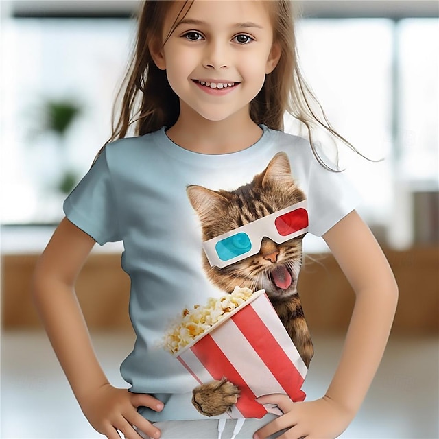  Tyttöjen 3D Kissa T-paita Paidat Lyhythihainen 3D-tulostus Kesä Aktiivinen Muoti söpö tyyli Polyesteri Lapset 3-12 vuotta Tiukka pyöreä kaula-aukko ulko- Kausaliteetti Päivittäin Normaali