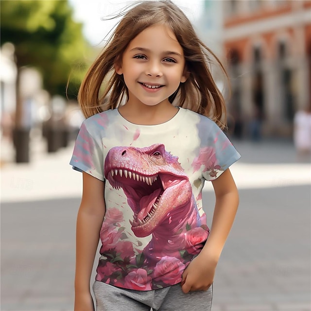  Dívčí 3D Květinový Dinosaurus Košilky Košile Růžová Krátký rukáv 3D tisk Léto Aktivní Módní Roztomilý Polyester Děti 3-12 let Tričkový Venkovní Ležérní Denní Běžný