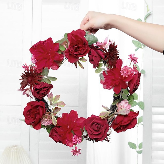  赤い花輪 人工花輪 装飾人工 ピンク牡丹の花 フロントドア花輪 ホームオフィス用の花の花輪 壁の装飾 結婚式フェスティバルの装飾に適しています