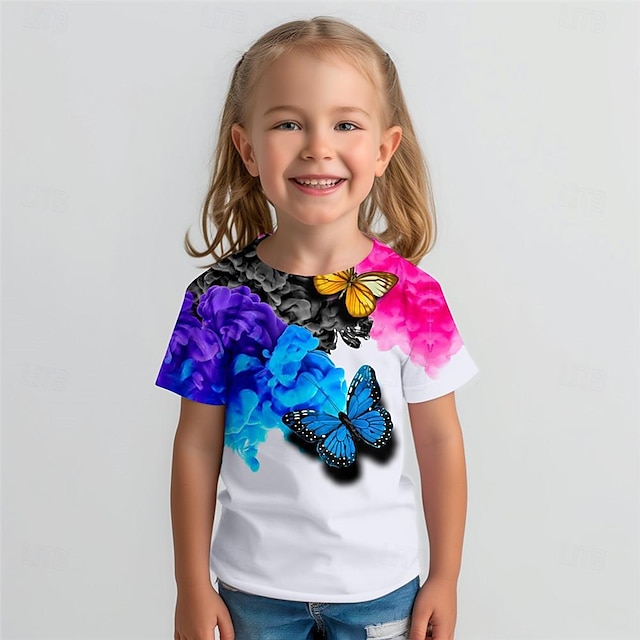  Девочки 3D Бабочка Футболка Рубашки С короткими рукавами 3D печать Лето Активный Мода Симпатичные Стиль Полиэстер Дети 3-12 лет Вырез под горло на открытом воздухе Повседневные Стандартный