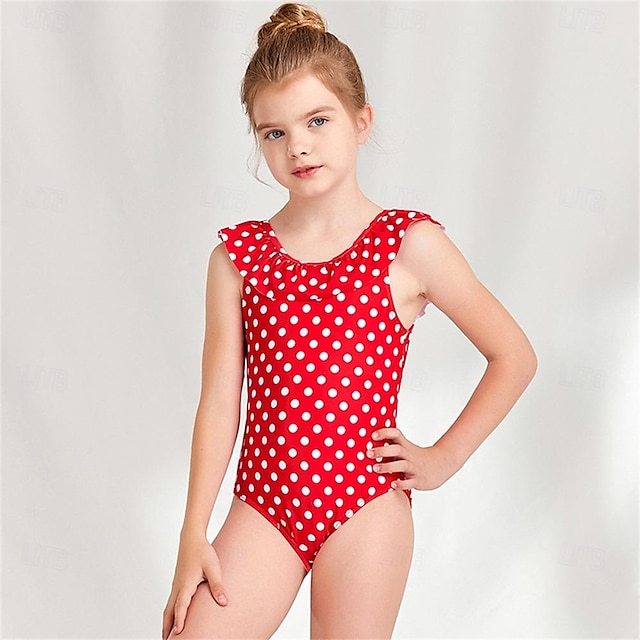  dívčí plavky sukně puntíkatý vzor kulatý výstřih s nařaseným okrajem girls