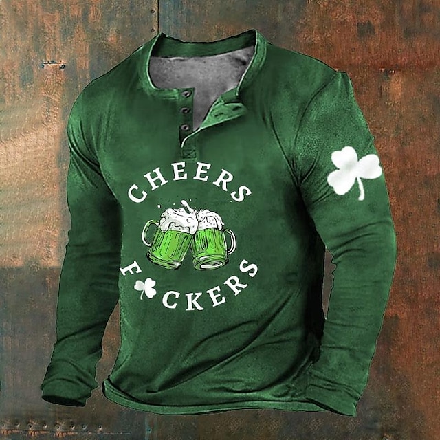  St Patrick St Paddys Shamrock Beer Men's Fashion Casual 3D Print T Shirt Tee Henley Shirt Holiday Going out St. Patrick T shirt Black White Green Long Sleeve Henley Shirt Spring & Fall Clothing Appare