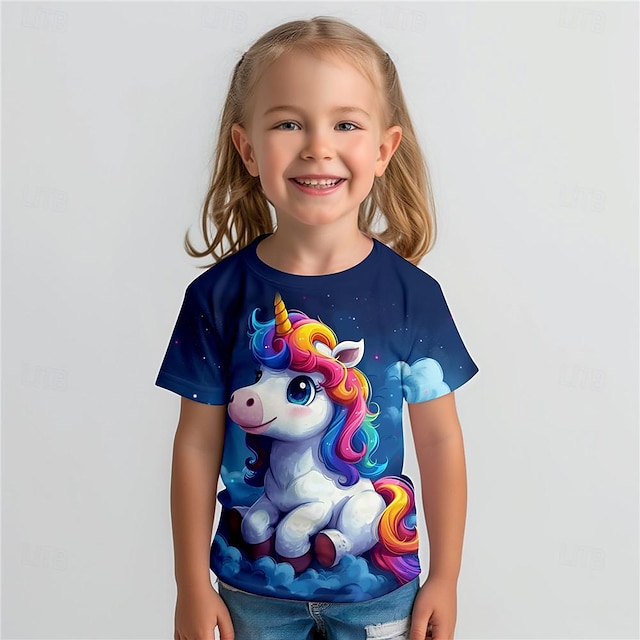  T-shirt per ragazze con unicorno 3D manica corta stampa 3D estate attiva moda carino poliestere bambini 3-12 anni girocollo all'aperto casual quotidiano vestibilità classica