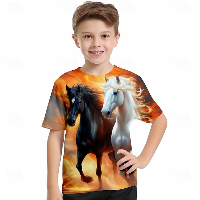  Jungen 3D Pferd T-Shirt Hemden Kurzarm 3D-Druck Sommer Aktiv Sport Modisch Polyester kinderkleidung 3-12 Jahre Rundhalsausschnitt Outdoor Casual Täglich Regular Fit
