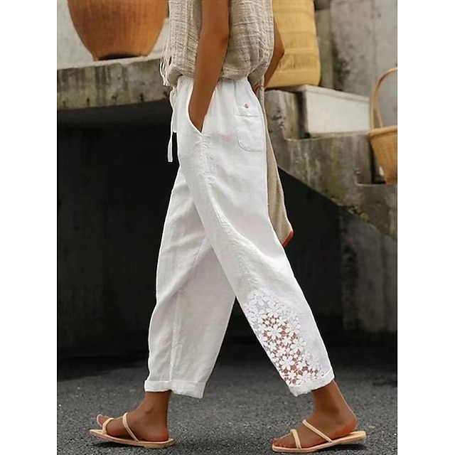  Women's Pants Trousers Linen Cotton Blend Lace Side Pockets Ankle-Length White Spring, Fall, Winter, Summer